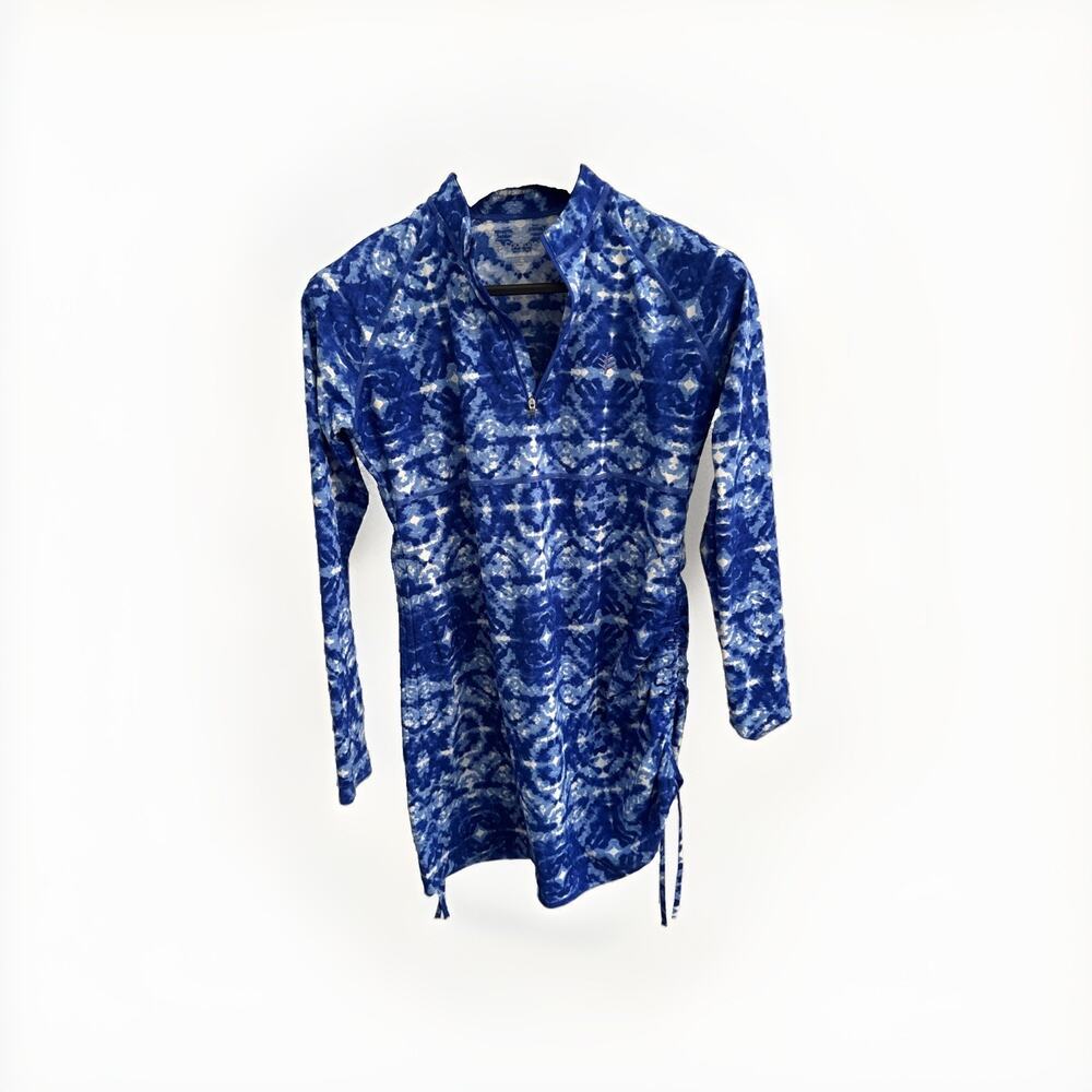 Coolibar Women's‎ Lawai Ruche Swim Shirt Size S Blue Geometric UPF 50 EUC!